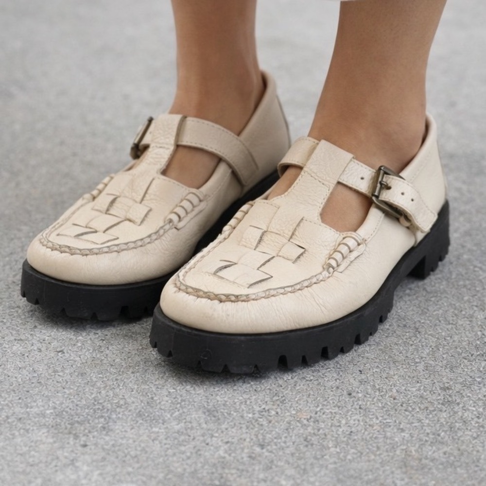 GH Bass Weejuns Fisherman Mary Jane Off White Leather Super Lug Sole Shoes 9.5M‎